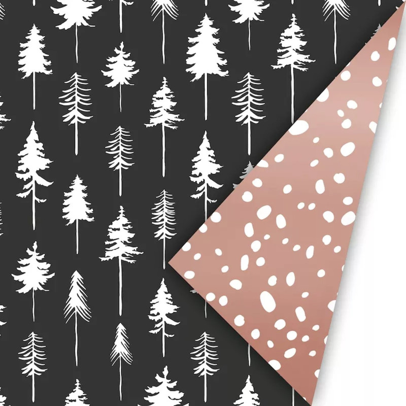 Cadeaupapier kerst lovely trees zwart/wit en rosegold/wit 30cm breed per meter